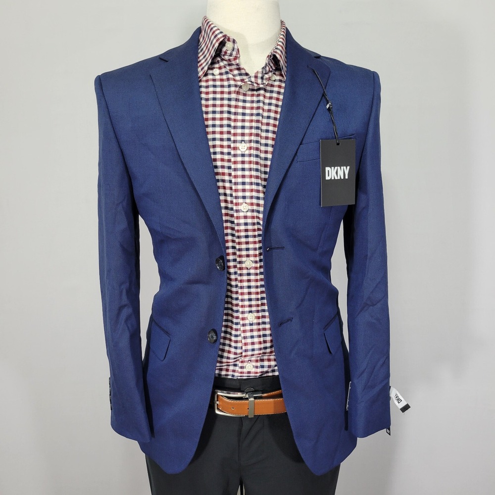 DKNY Men's Sport Coat Blazer Two Button DURAN Navy Blue Polyester Blend 36S NEW